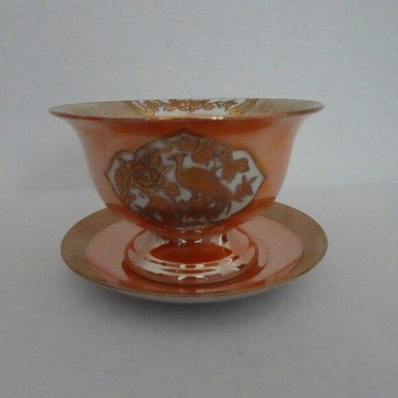 Noritake Orange Lusterware Mayo Condiment Footed Bowl Underplate Peasant Bird - Picture 1 of 11